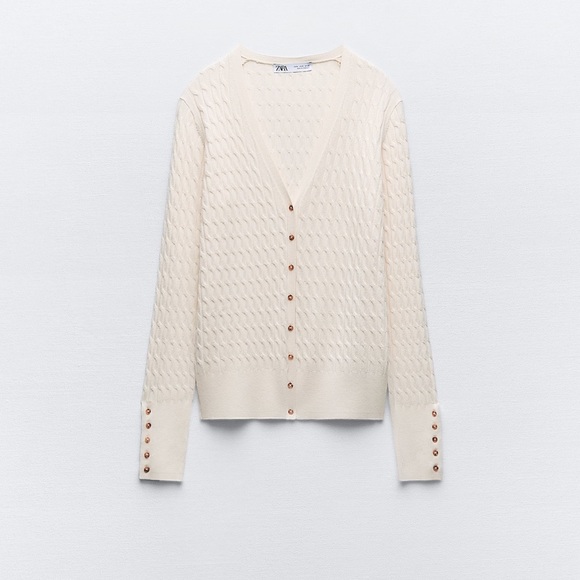 Zara cable knit cardigan with V neckline Off white/ cream NWT - Picture 5 of 7